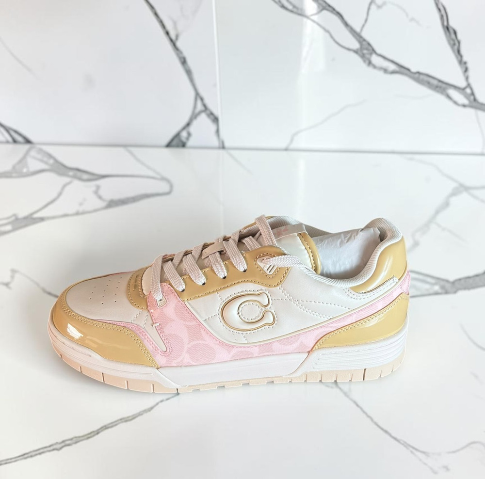 Coach Women’s Soho Low Top Sneakers Pink Gold Cream Logo Lace Up Shoes Size 11